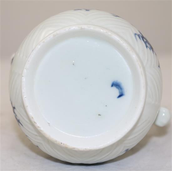 A Worcester feather moulded blue and white coffee pot, c.1760, 22cm, associated cover with re-glued finial